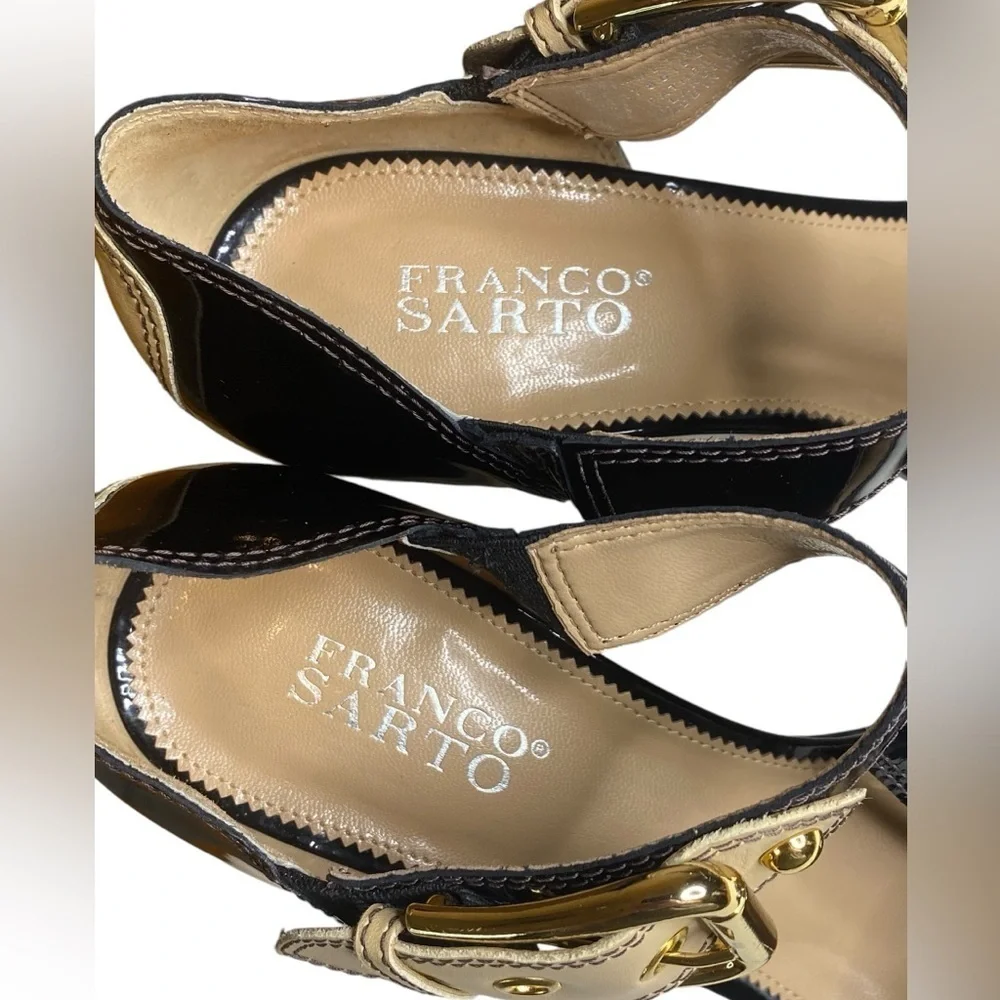 Franco Sarto patent leather Black & Tan Strap Heels Women’s Size 10